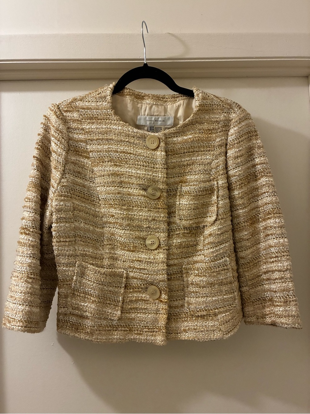 Zara Woven Bouclé Jacket in Beige/Gold/Ivory